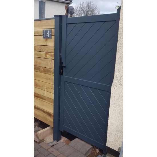 900mm x 1600mm Cambridge Pedestrian Flat Top Gate with Diagonal Solid INFILL, LOCK, Lock Keep and Hinges (Grey)