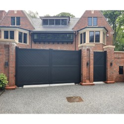 4000 x 1800mm Cambridge Double Swing Flat Top Driveway Gate with Diagonal Solid Infill (Black) 4000 x 1800mm Cambridge Double Swing Flat Top Driveway Gate with Diagonal Solid Infill (Black)